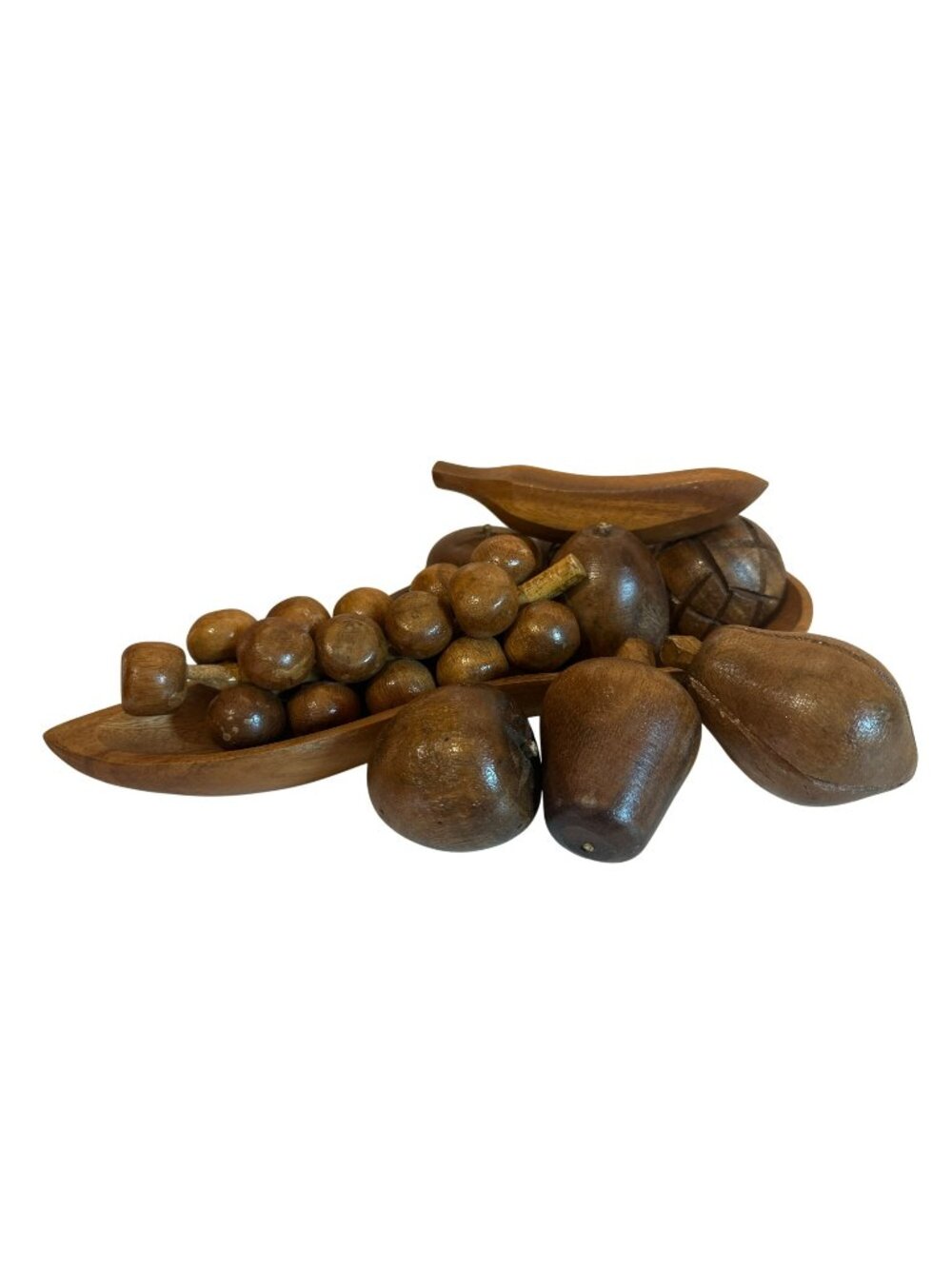 Wooden Fruit Tray With Hand Carved Fruit Pieces Apples Banana VTG Home Decor